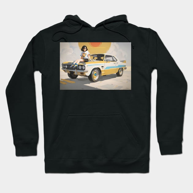 Vintage girl and retro yellow car Hoodie by UmagineArts